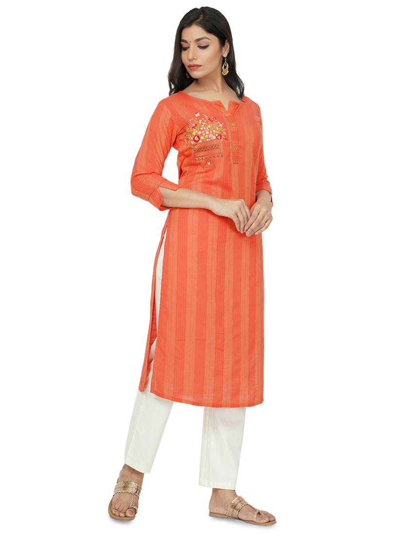 peach cotton straight kurta - 17466985 -  Standard Image - 1