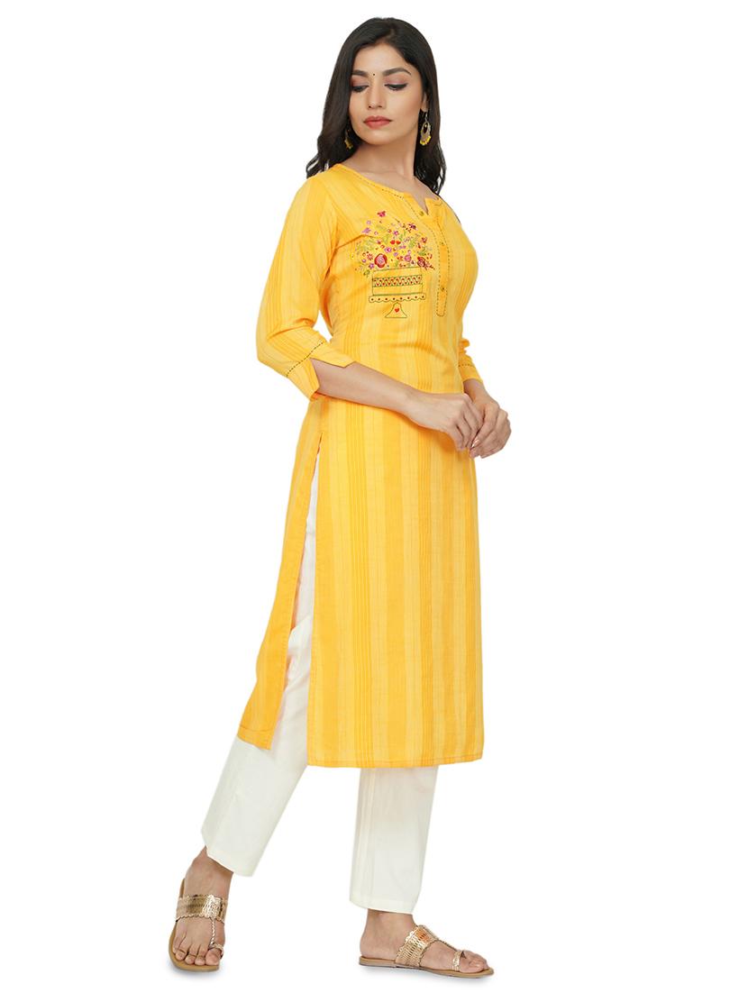 yellow cotton straight kurta - 17466987 - Standard Image - 1