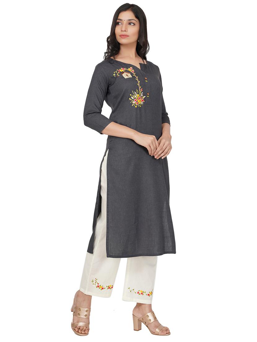 grey cotton straight kurta - 17466988 - Standard Image - 1