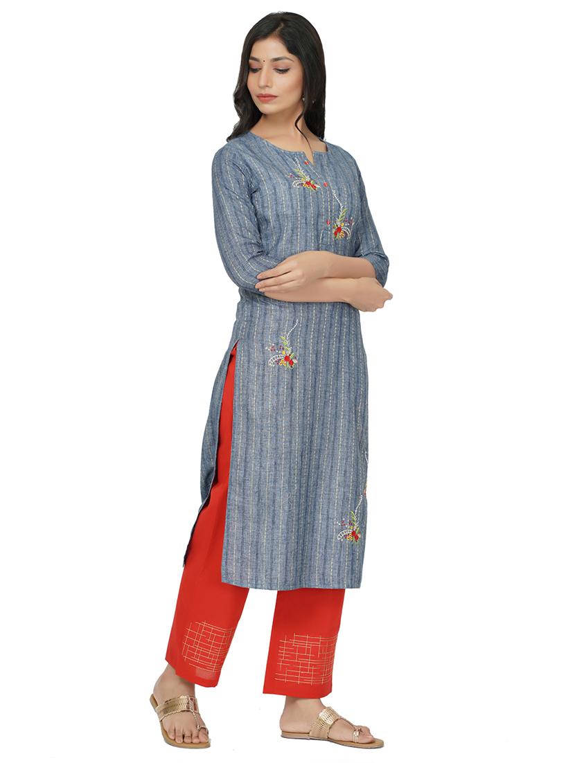 grey cotton straight kurta - 17466990 -  Standard Image - 1