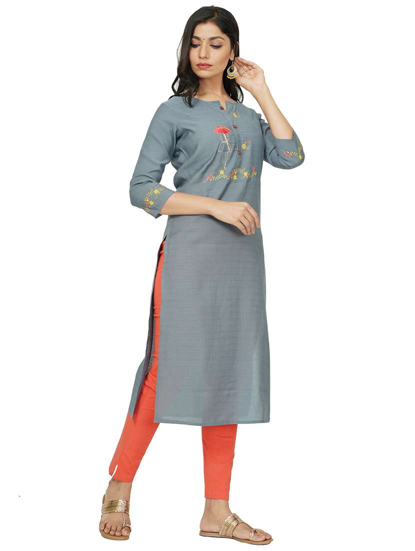 grey cotton straight kurta - 17467003 -  Standard Image - 1