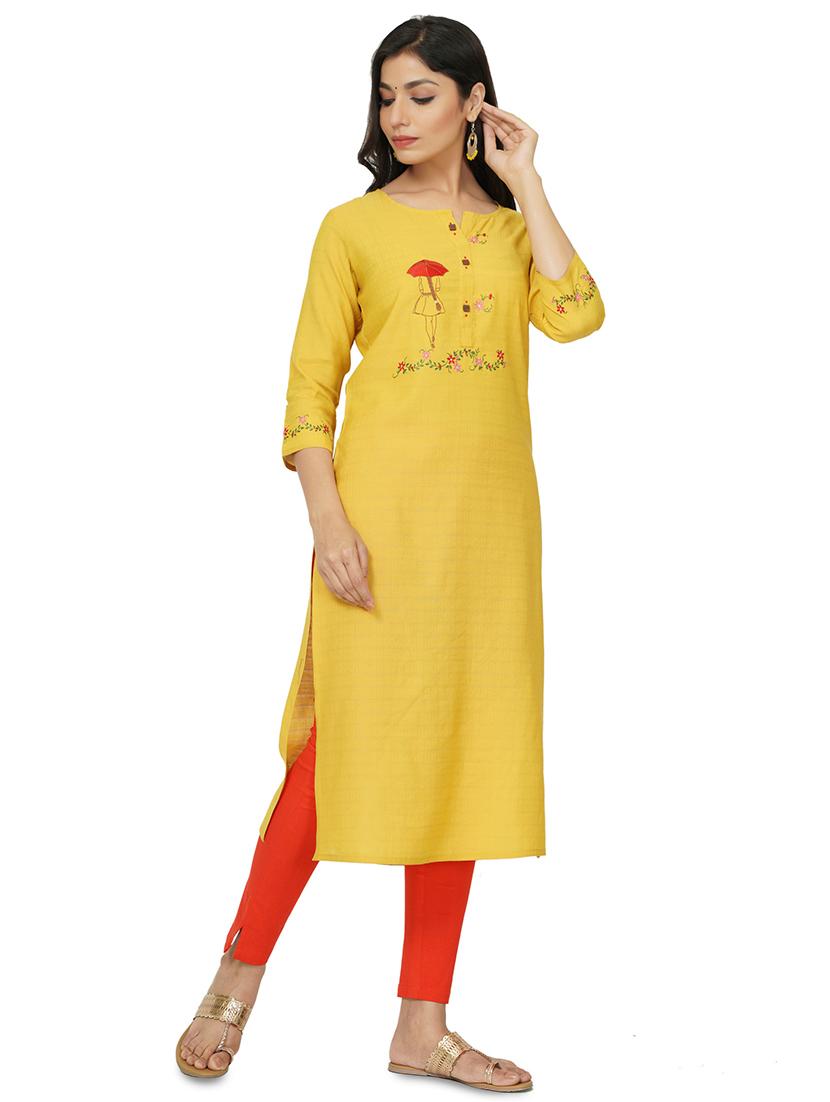 yellow cotton straight kurta - 17467004 - Standard Image - 1