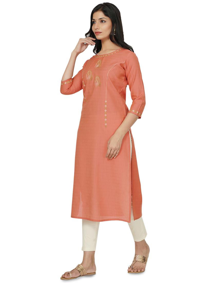 peach cotton straight kurta - 17467005 -  Standard Image - 1