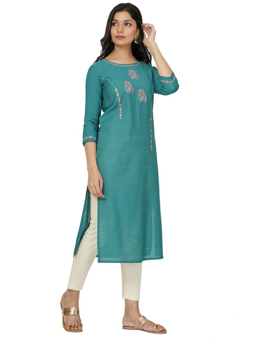 teal cotton straight kurta - 17467006 -  Standard Image - 1