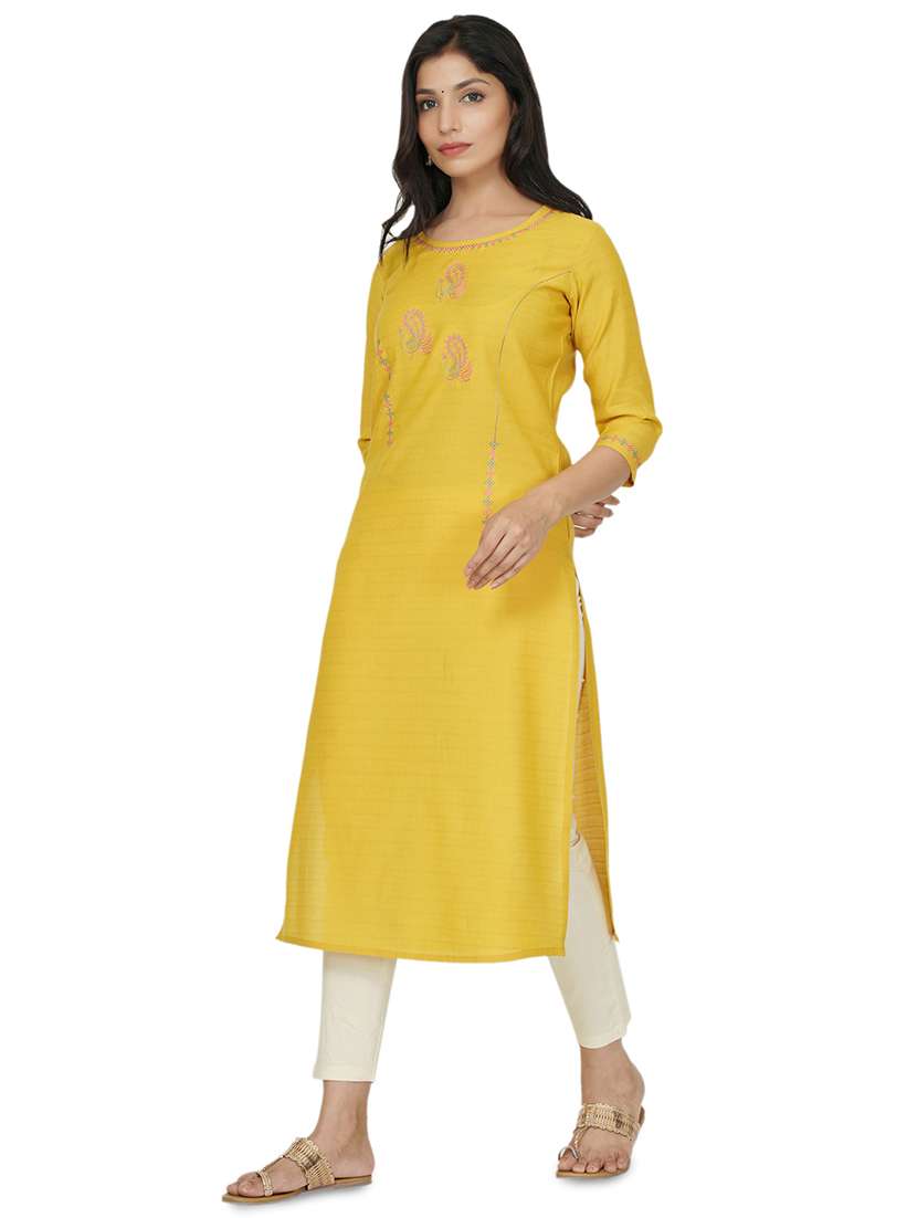 yellow cotton straight kurta - 17467007 - Standard Image - 1