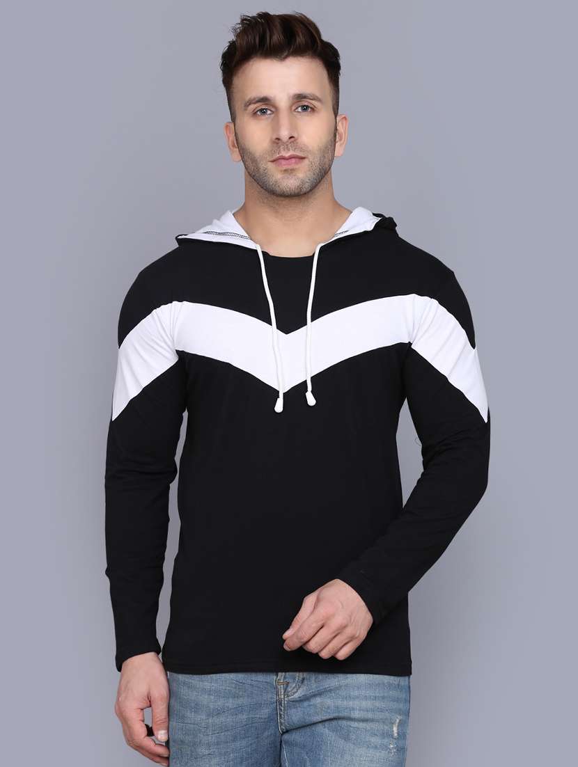 black color block cut & sew hooded t-shirt