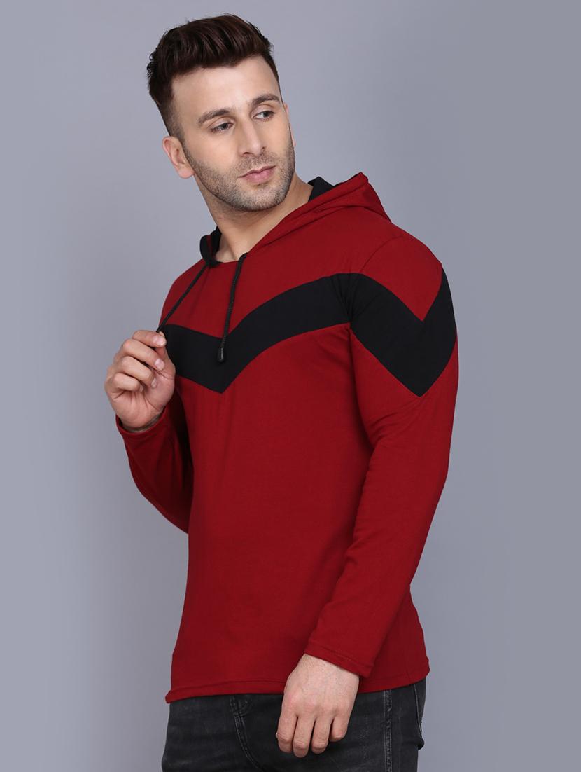 maroon color block cut & sew hooded t-shirt - 17468568 -  Standard Image - 1