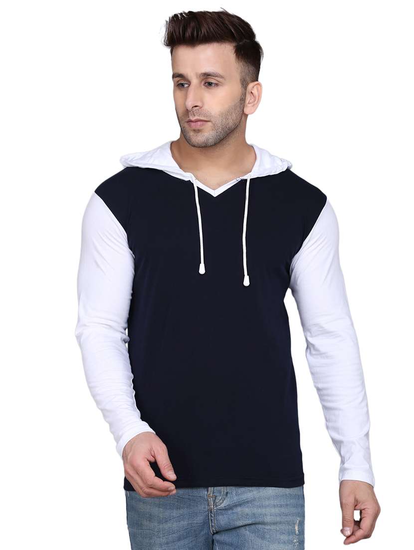 navy blue color block cut & sew hooded t-shirt