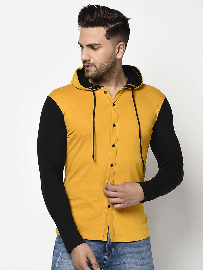 mustard color block hooded t-shirt