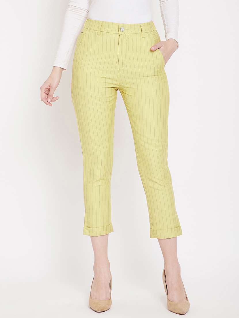 yellow high rise striped flat front trousers 