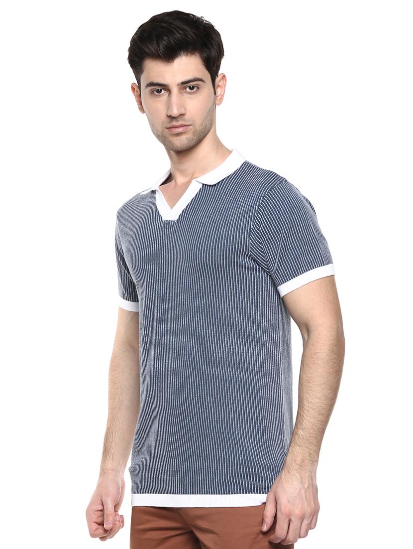 navy blue striped collared t-shirt - 17475090 - Standard Image - 1