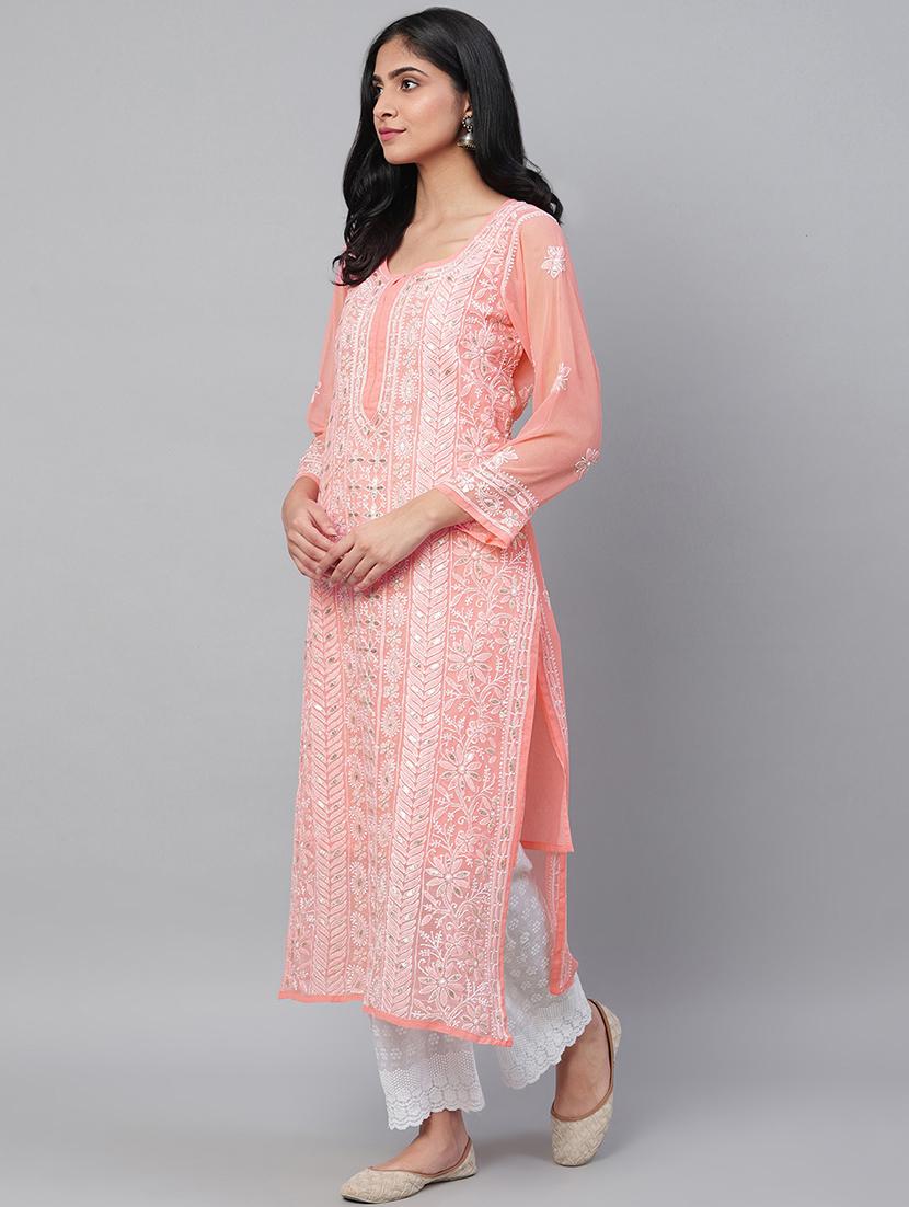 ada hand embroidered peach chikankari kurta with gota patti work & matching slip - 17484778 -  Standard Image - 1