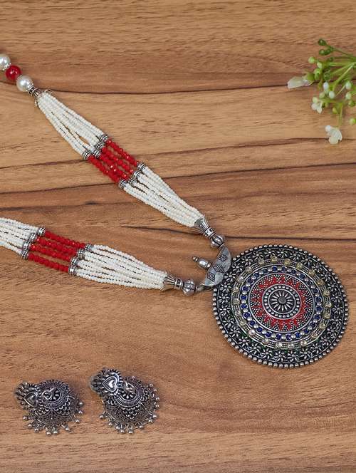 red oxidised silver long necklace with earring - 17488844 -  Standard Image - 0