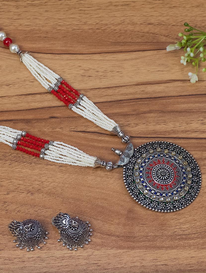red oxidised silver long necklace with earring