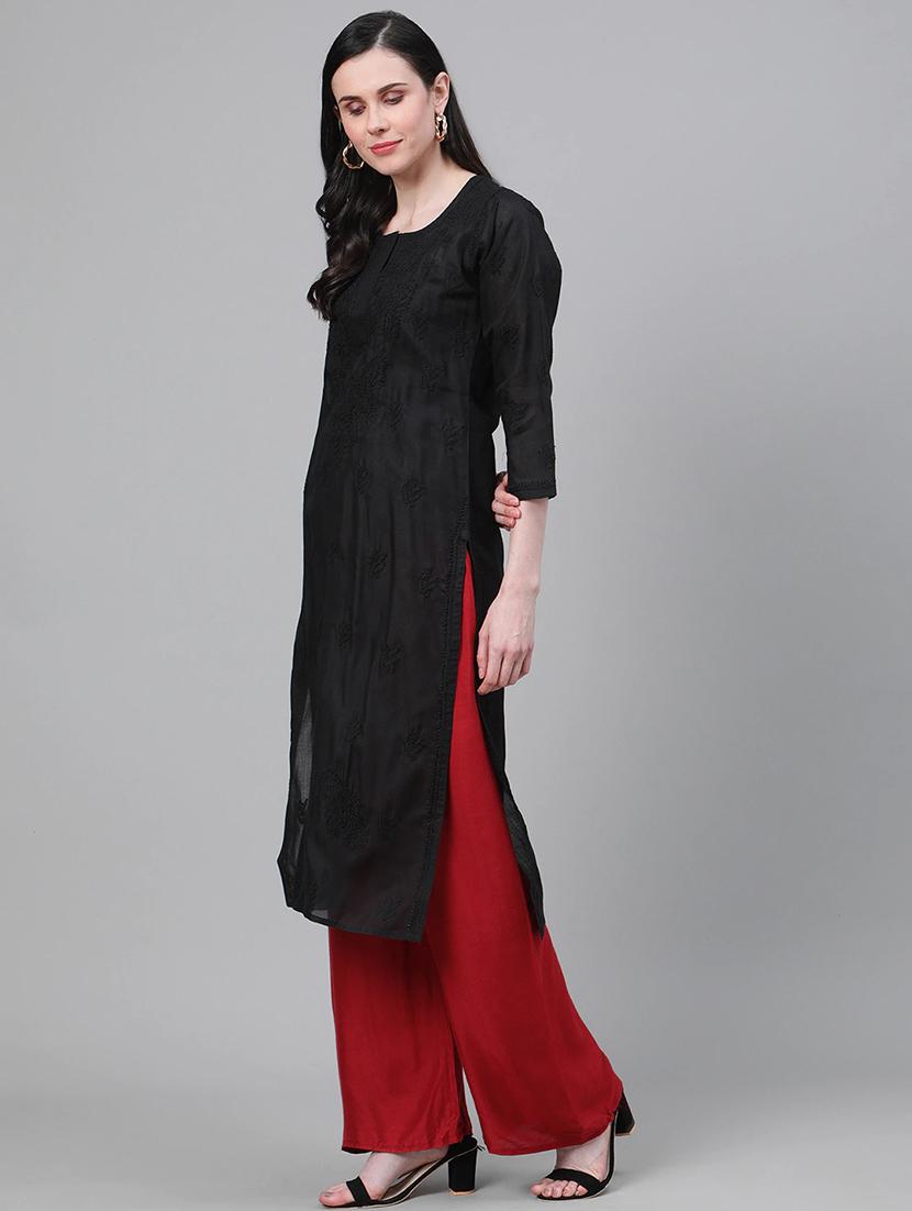 ada hand embroidered black cotton lucknow chikankari kurta - 17493039 - Standard Image - 1