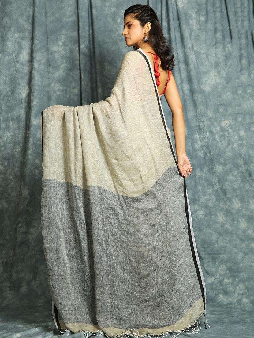 offwhite linen saree with blouse - 17494849 - Standard Image - 1