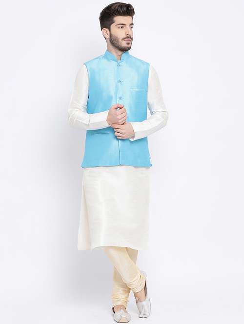 cream dupion kurta pyjama set with blue solid nehru jacket - 17499021 - Standard Image - 0