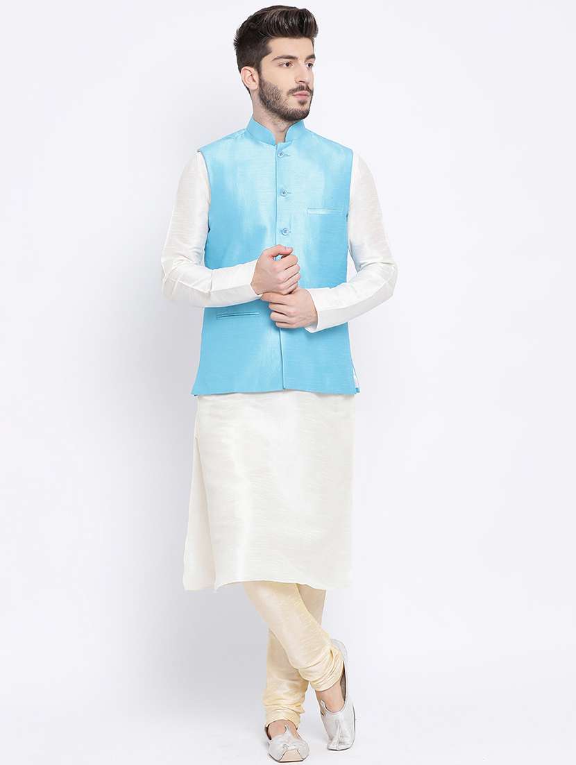 cream dupion kurta pyjama set with blue solid nehru jacket - 17499021 - Zoom Image - 0