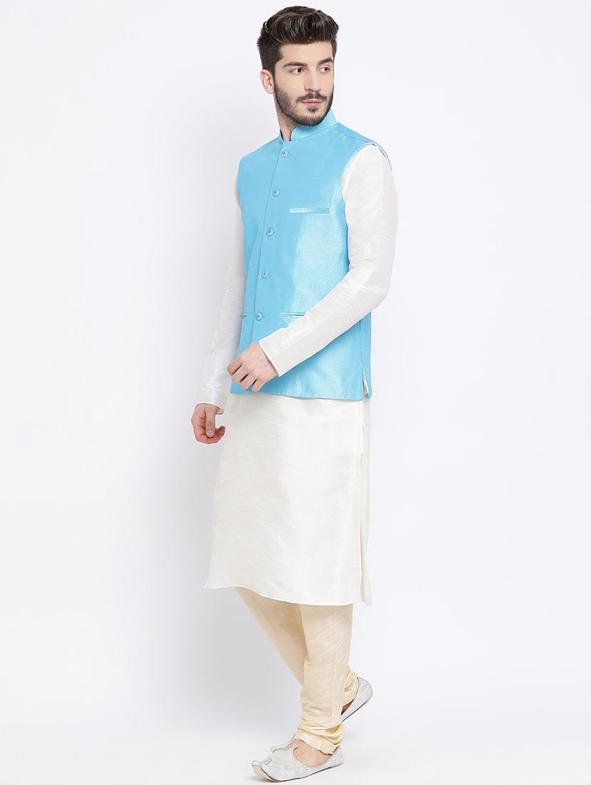 cream dupion kurta pyjama set with blue solid nehru jacket - 17499021 -  Standard Image - 1
