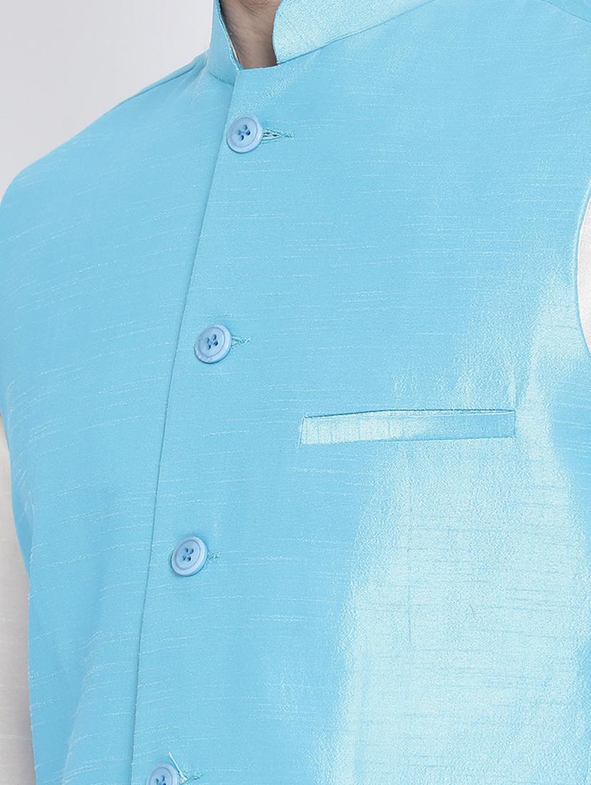 cream dupion kurta pyjama set with blue solid nehru jacket - 17499021 - Standard Image - 4