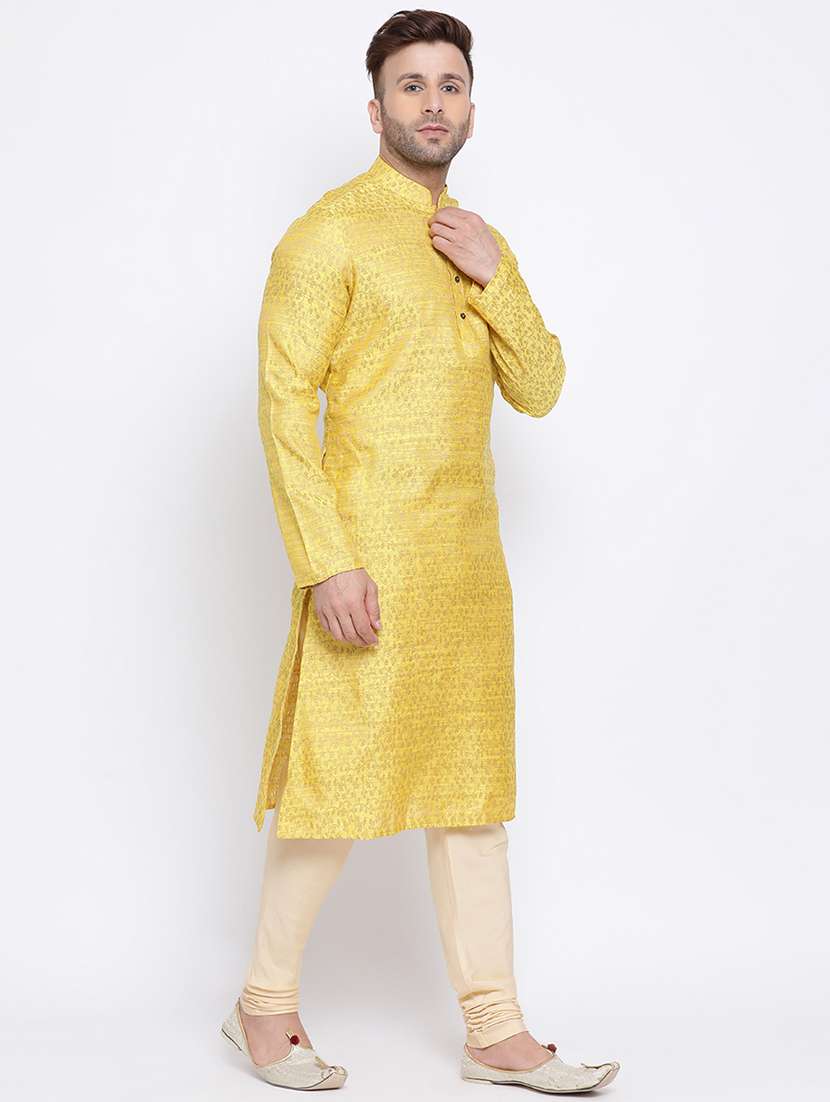 yellow jacquard long kurta - 17499030 - Standard Image - 1