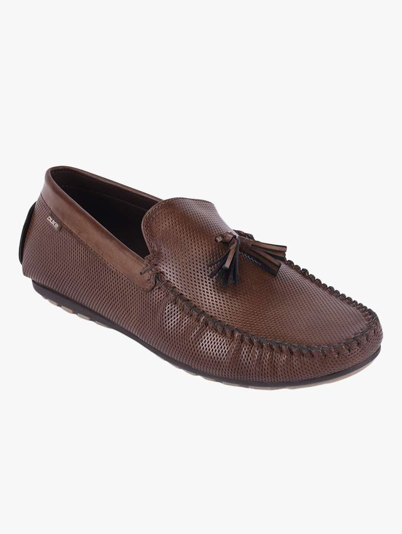 tan synthetic slip on loafers