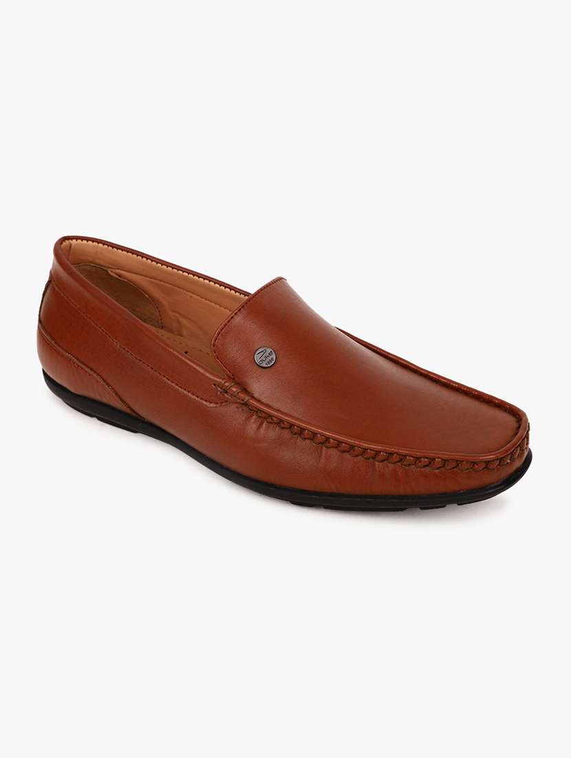 tan synthetic slip on loafers