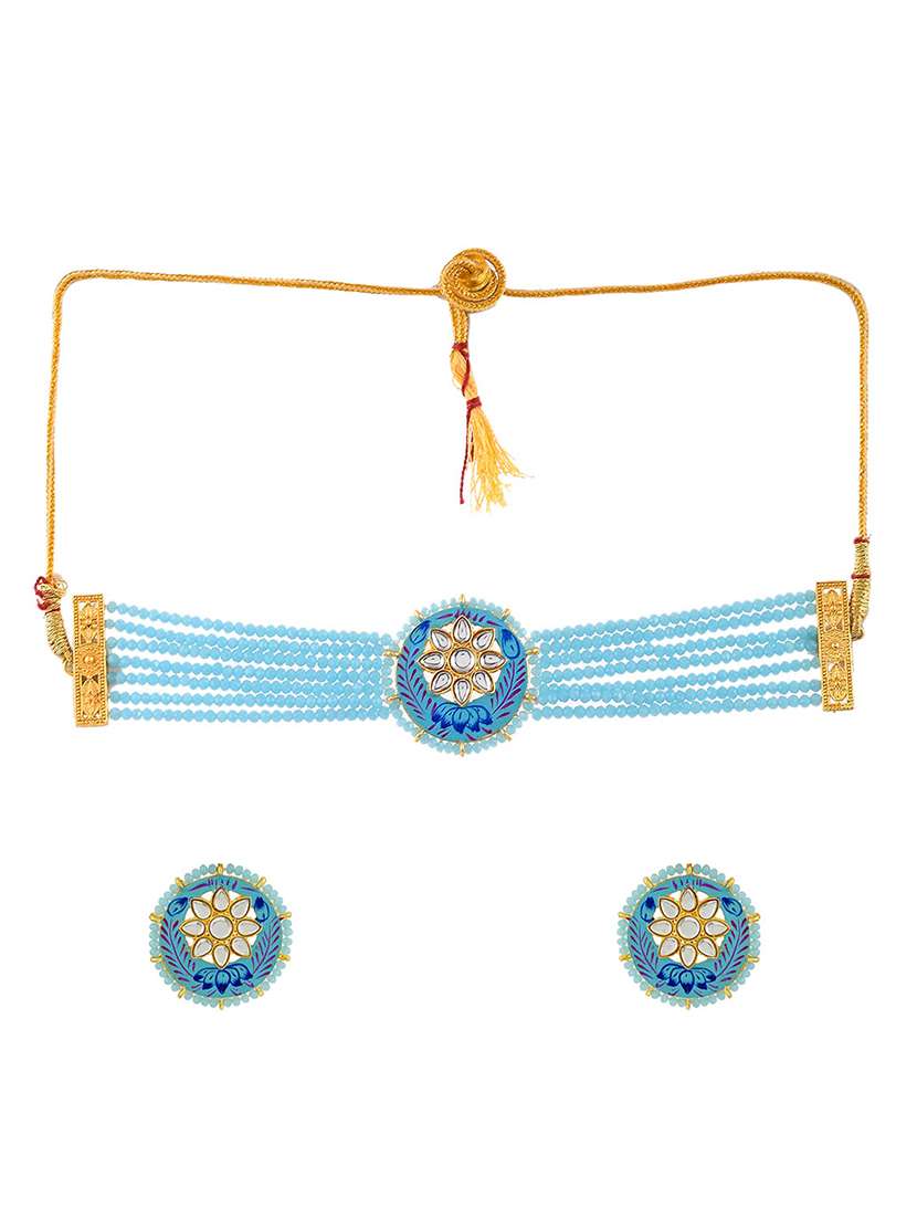 multi layered blue brass choker necklaces with earring