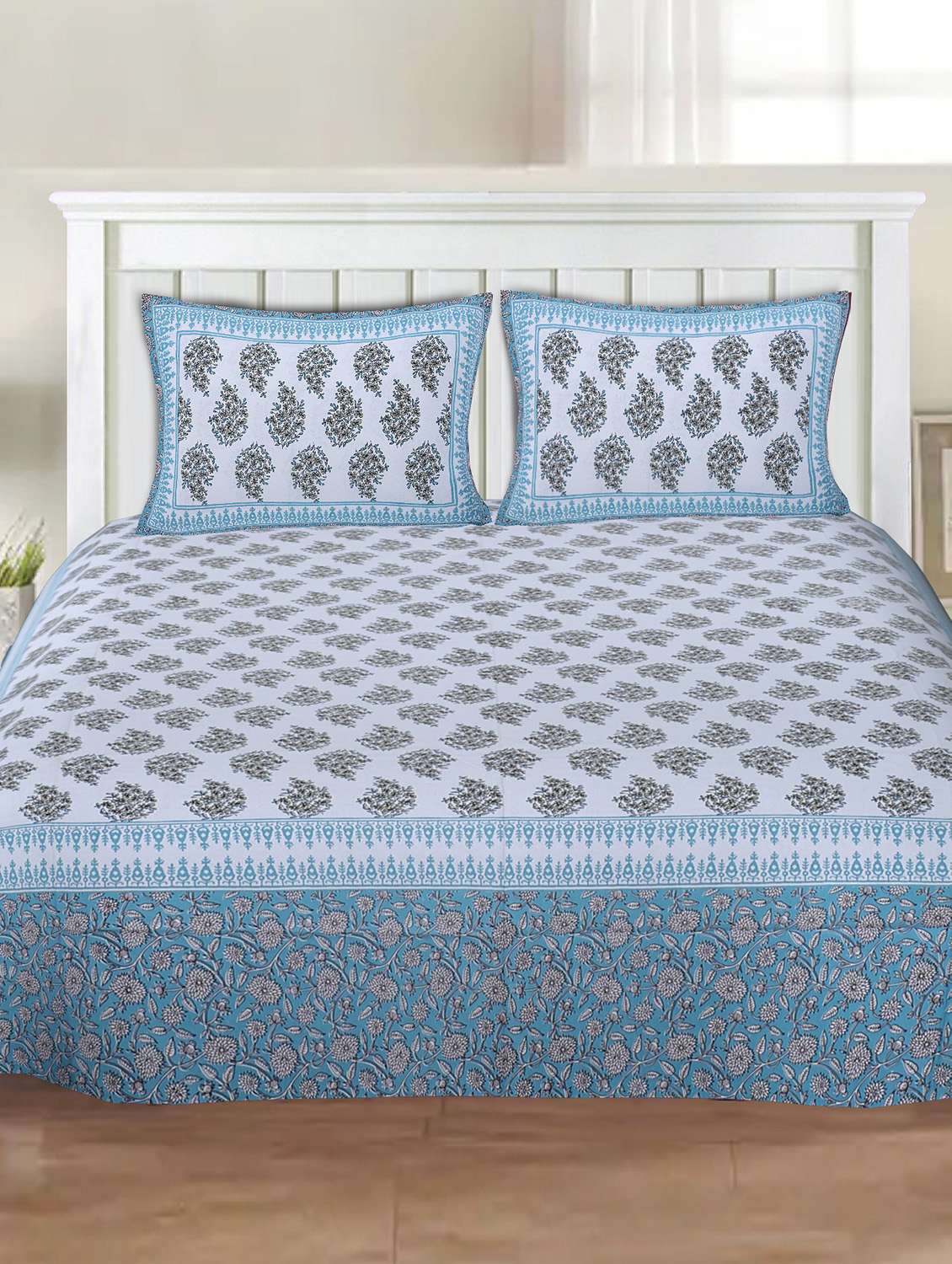 indhome life 100% cotton multicolor jaipuri printed super king size double bedsheet(100 x 108 inches) with two pillow covers