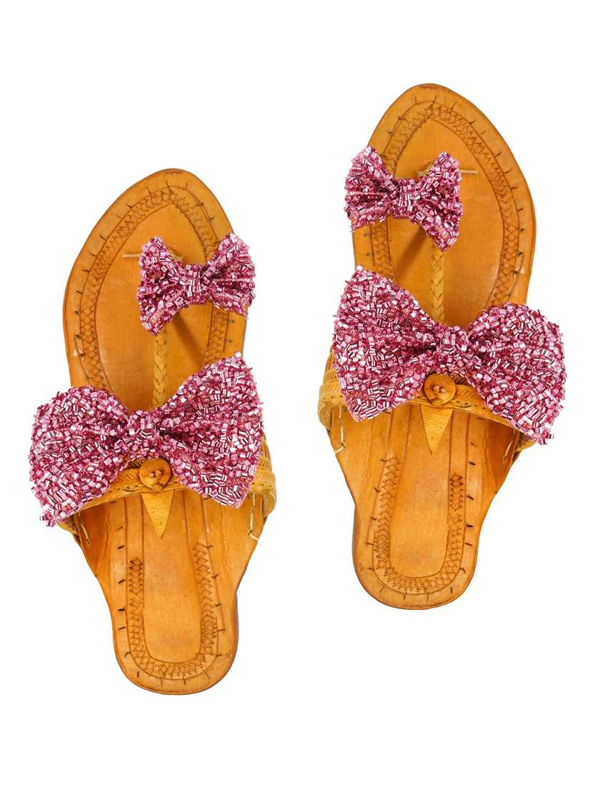 pink leather slip on kolhapuris
