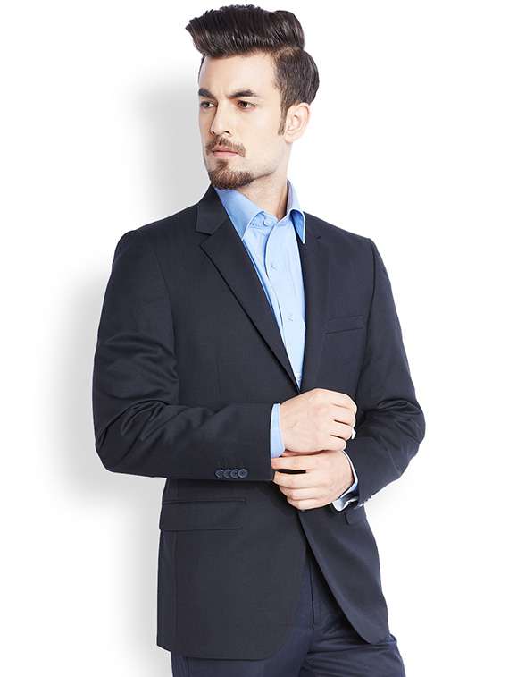 navy blue solid single breasted formal blazer - 17502778 -  Standard Image - 1