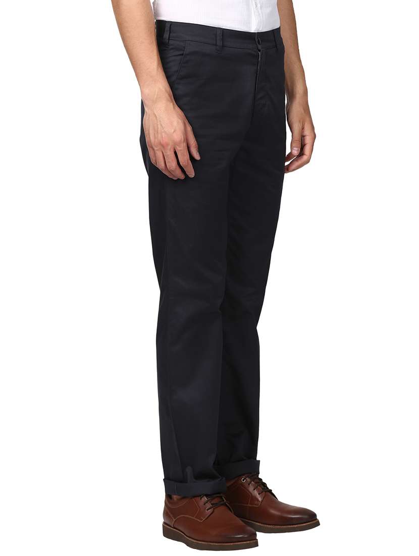 navy blue solid flat front casual trouser - 17503879 -  Standard Image - 1