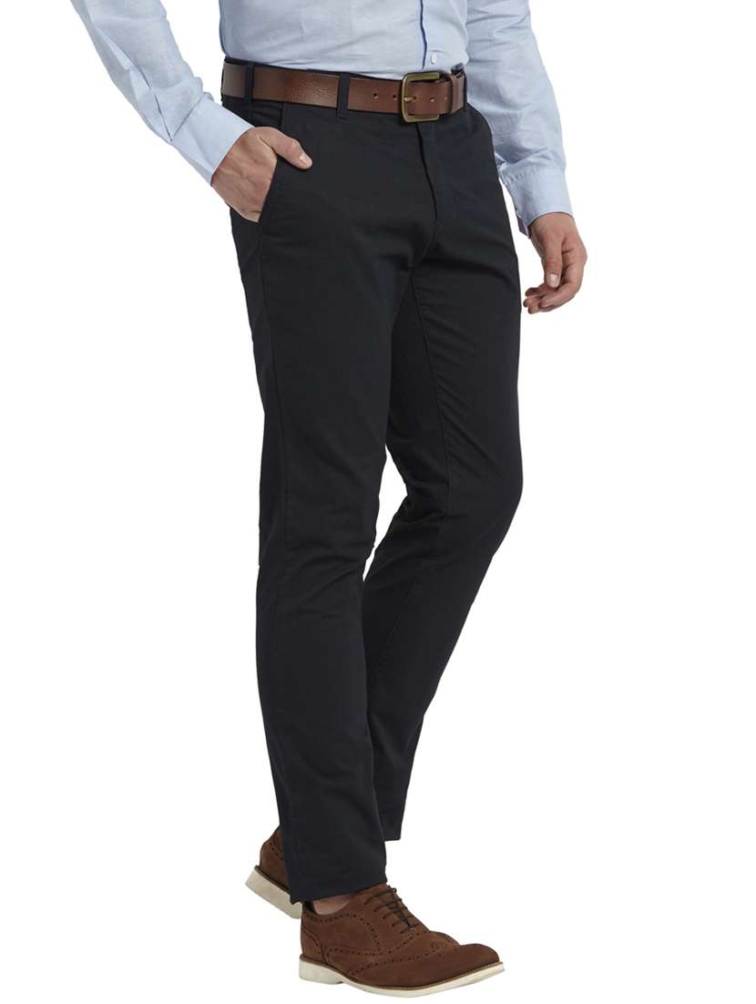 navy blue textured flat front casual trouser - 17503958 - Standard Image - 1