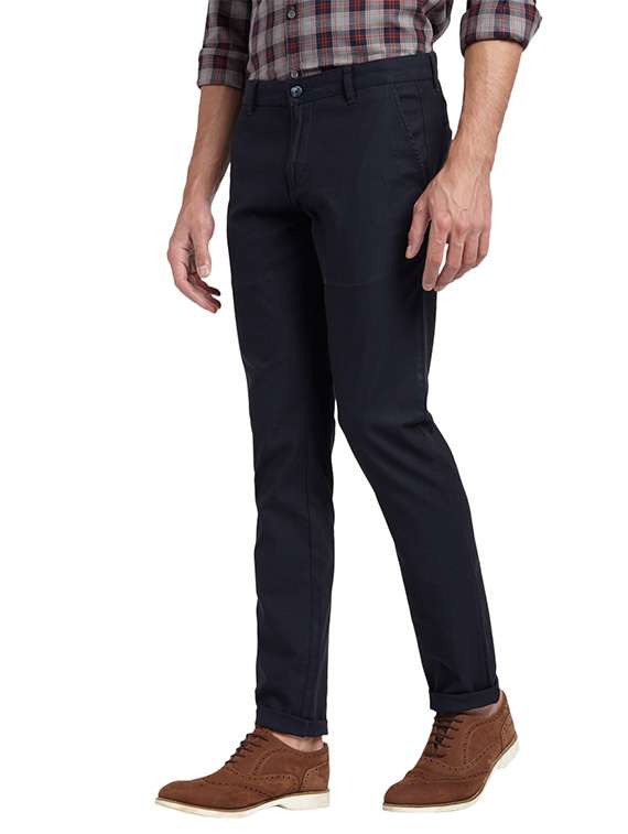 navy blue solid flat front casual trouser - 17504333 -  Standard Image - 1
