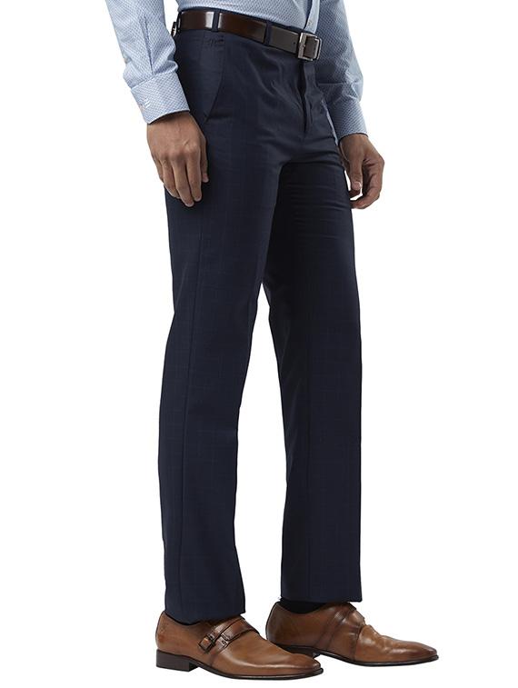navy blue checkered flat front formal trouser - 17504355 - Standard Image - 1