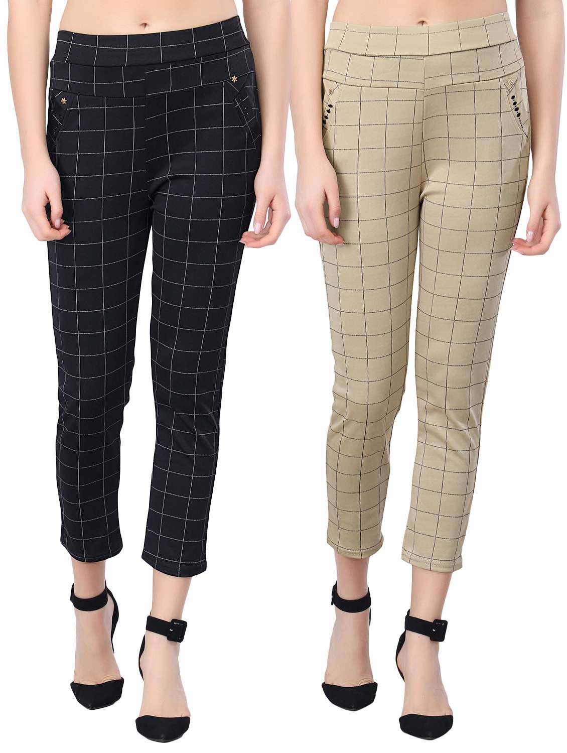 set of 2 checkered flat front trousers 