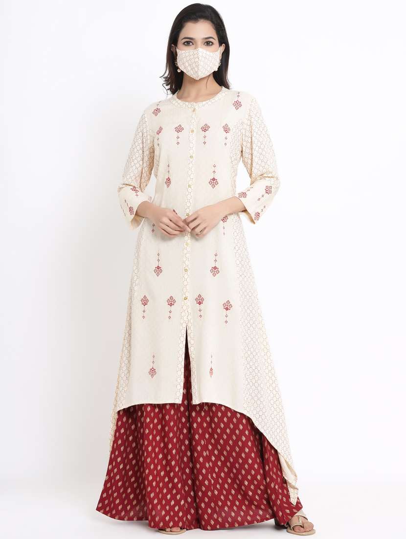 cream asymmetric kurta with face mask 