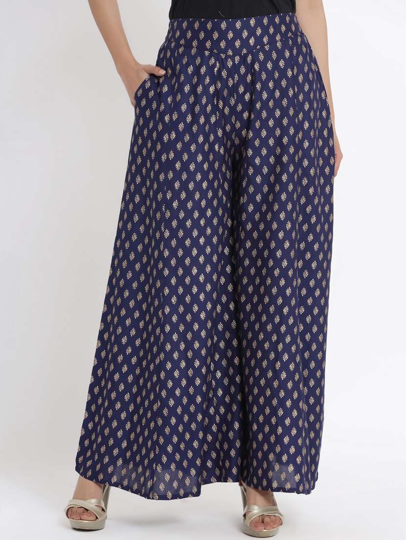 navy blue gold print palazzo