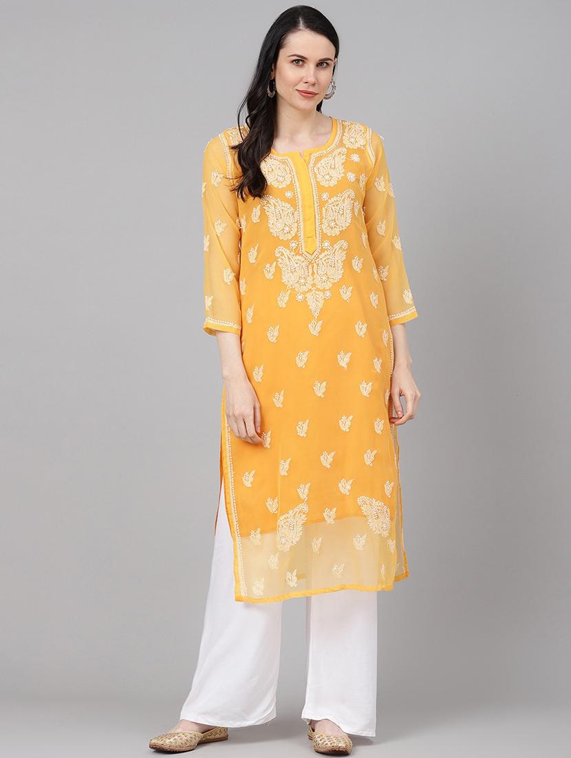 orange knee length chikankari kurta for women - 17514762 -  Zoom Image - 0