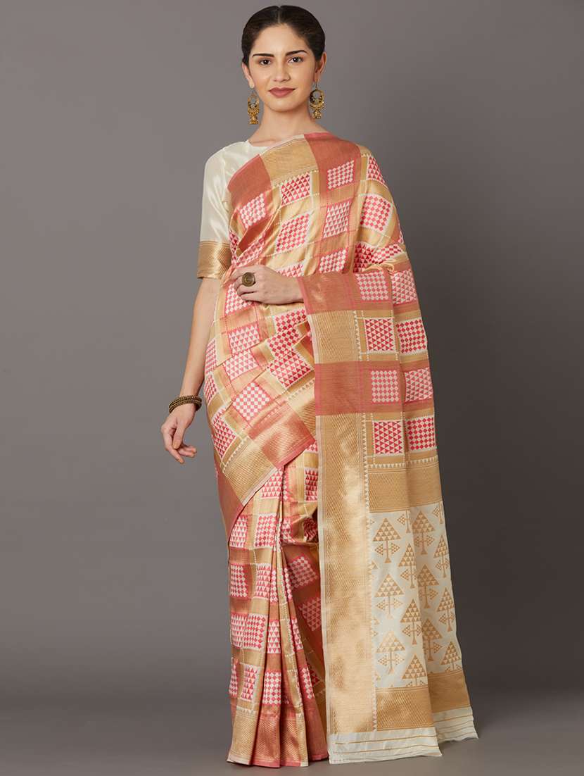 women's self design peach colored saree