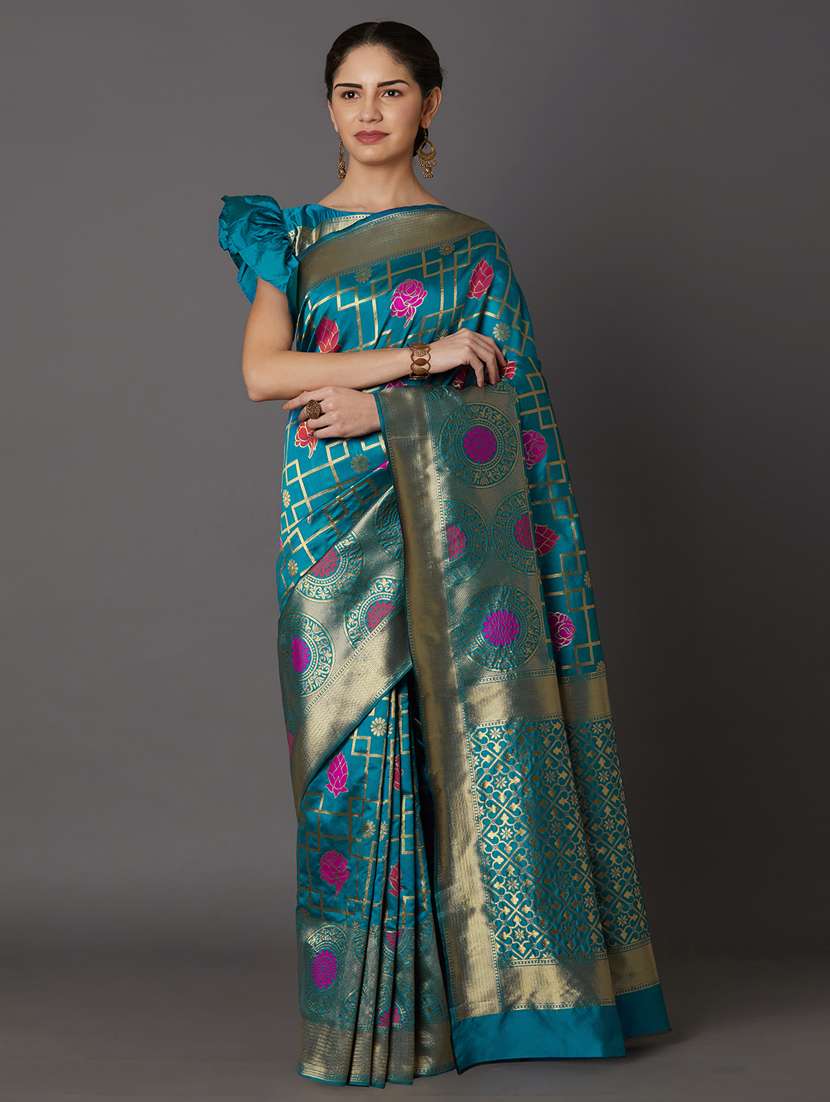 women's self design turquoise colored saree