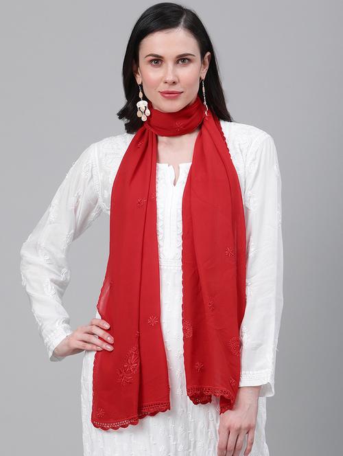 embroidered red chikankari lace detailed dupatta - 17518115 -  Standard Image - 0