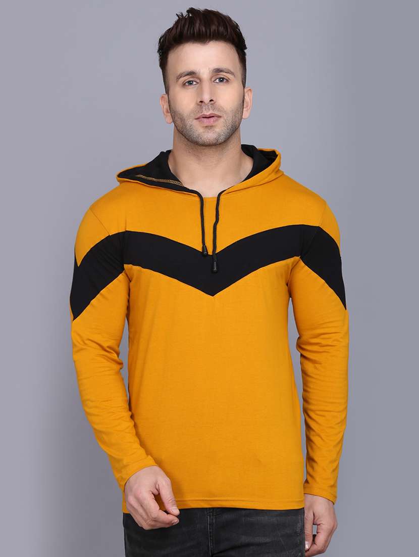 mustard color block cut & sew hooded t-shirt