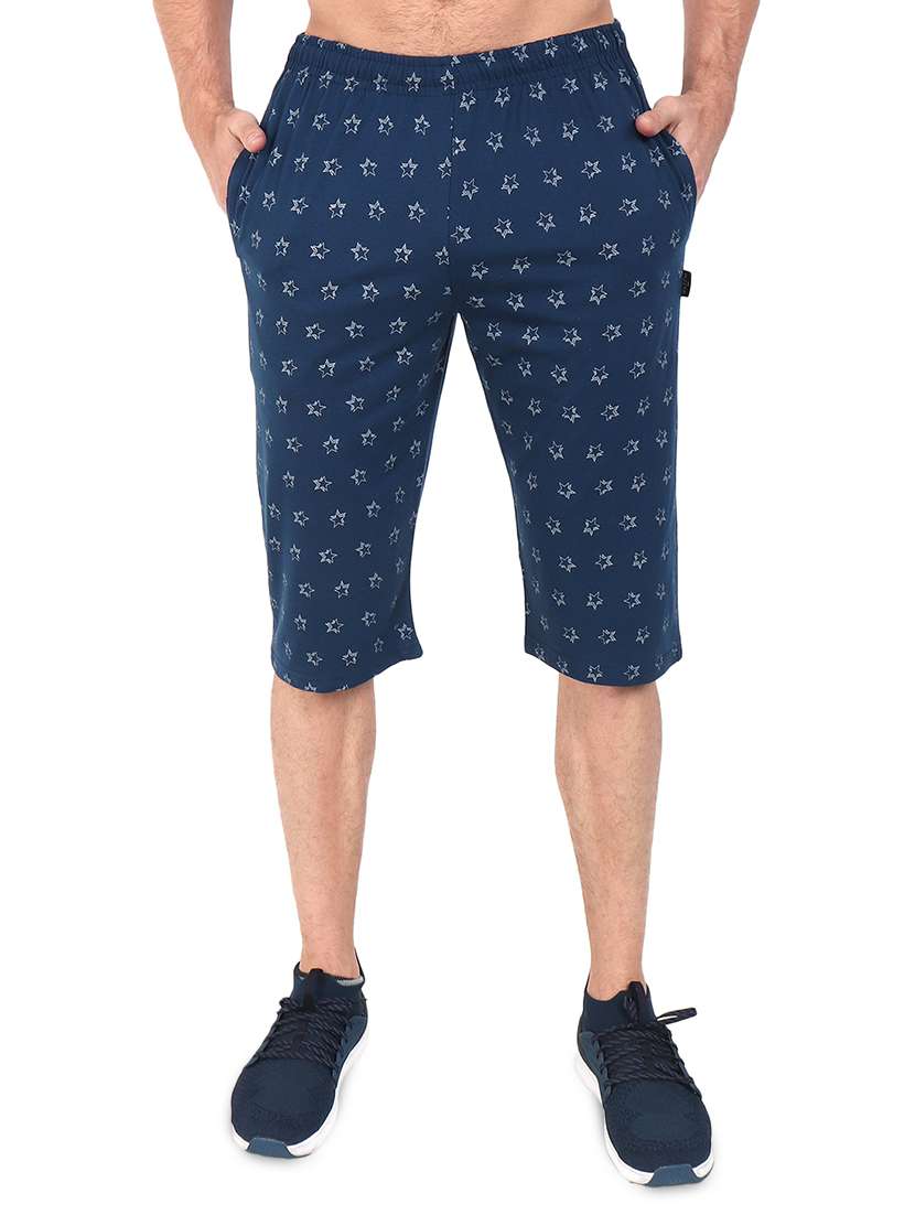 navy blue printed three - fourth