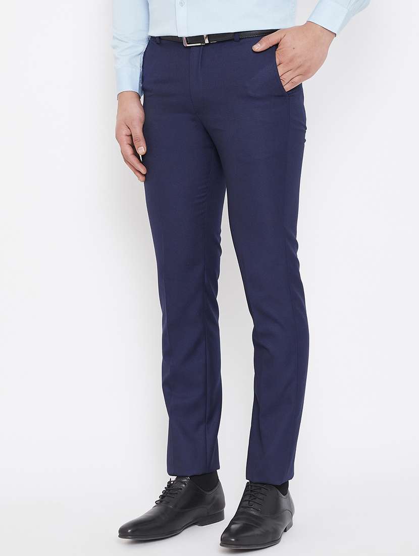 navy blue textured flat front formal trouser - 17521034 -  Standard Image - 1