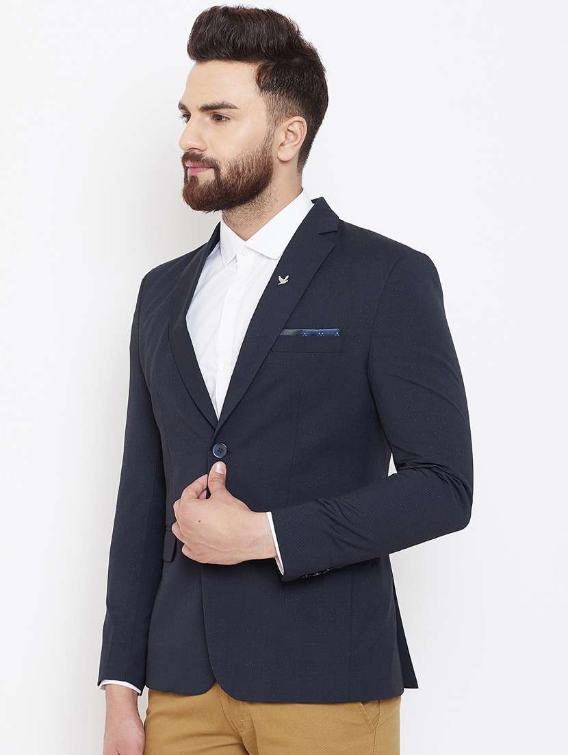 navy blue self design single breasted casual blazer - 17521041 -  Standard Image - 1
