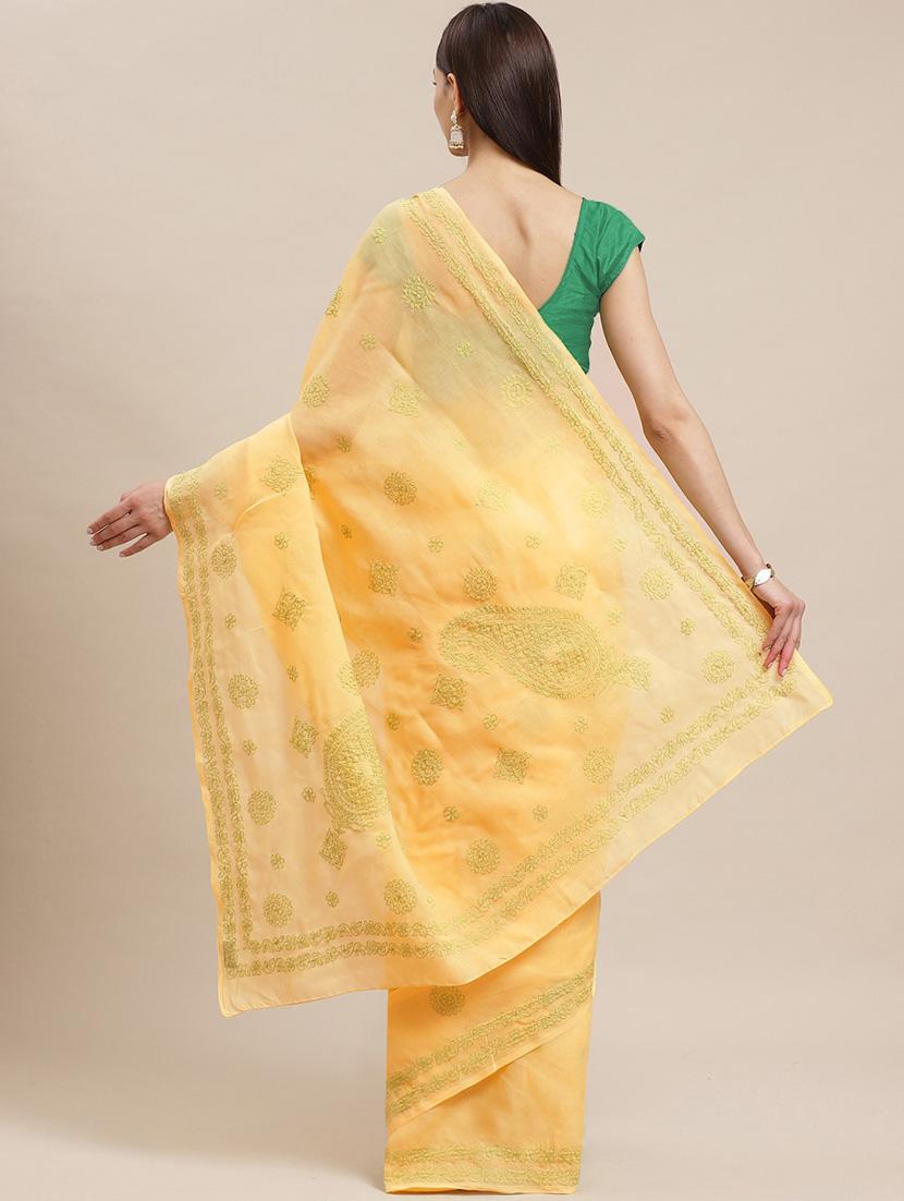 mustard chikankari saree with blouse - 17522325 - Standard Image - 1