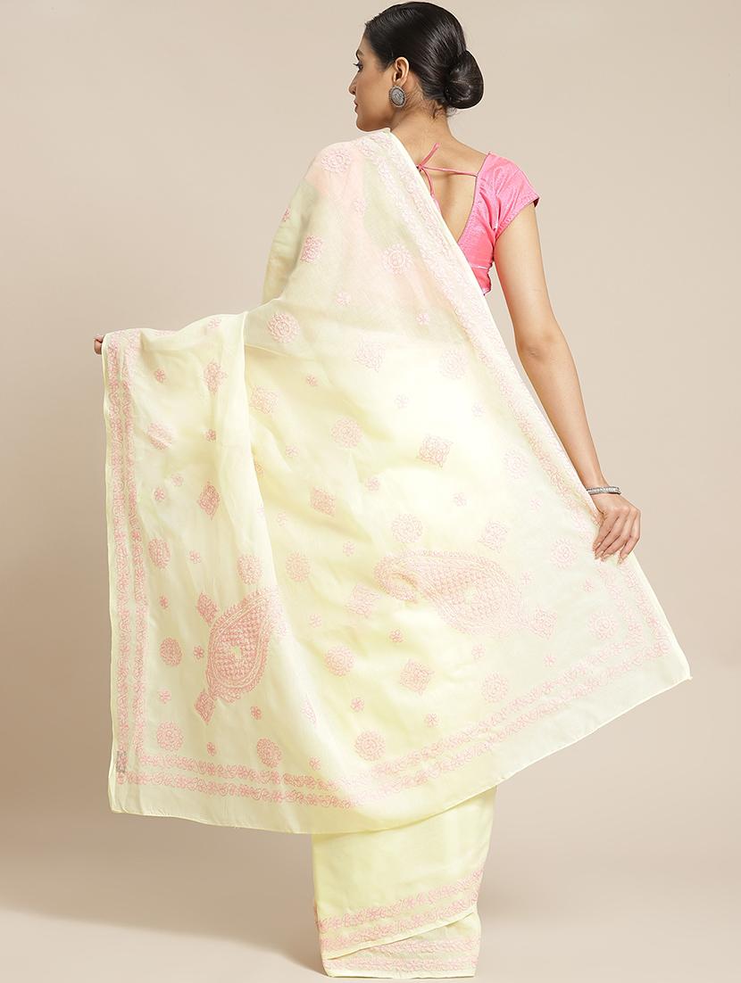 mellow yellow chikankari saree with blouse - 17522328 - Standard Image - 1
