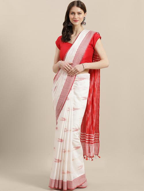 women's ikat white colored saree with blouse - 17528277 - Standard Image - 0