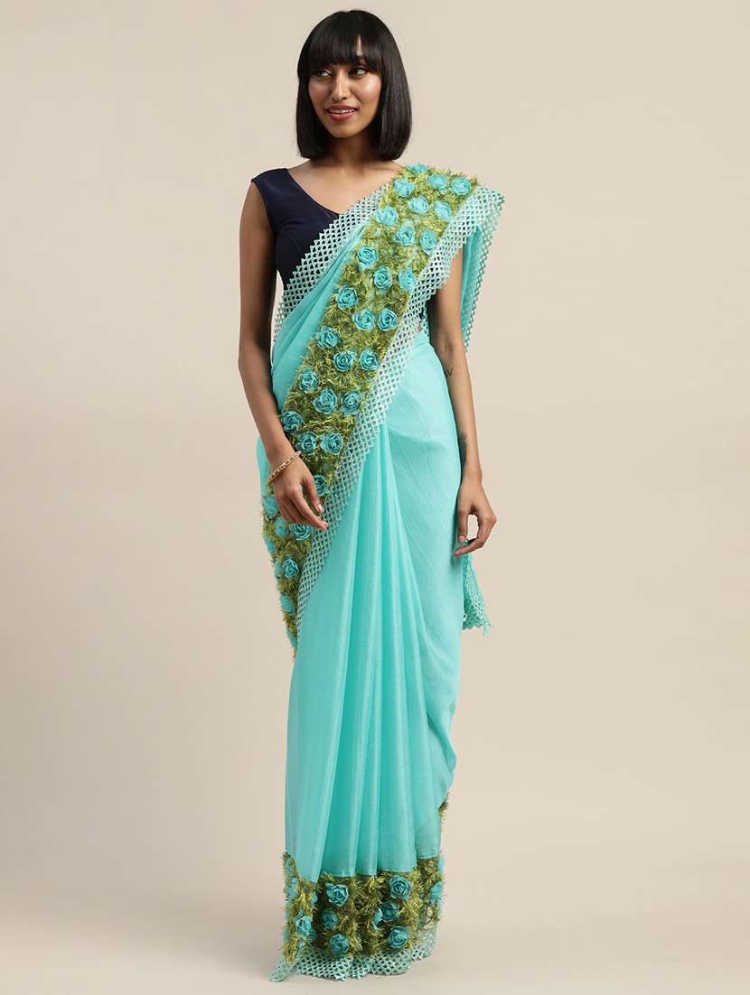 women's bordered turquoise colored saree